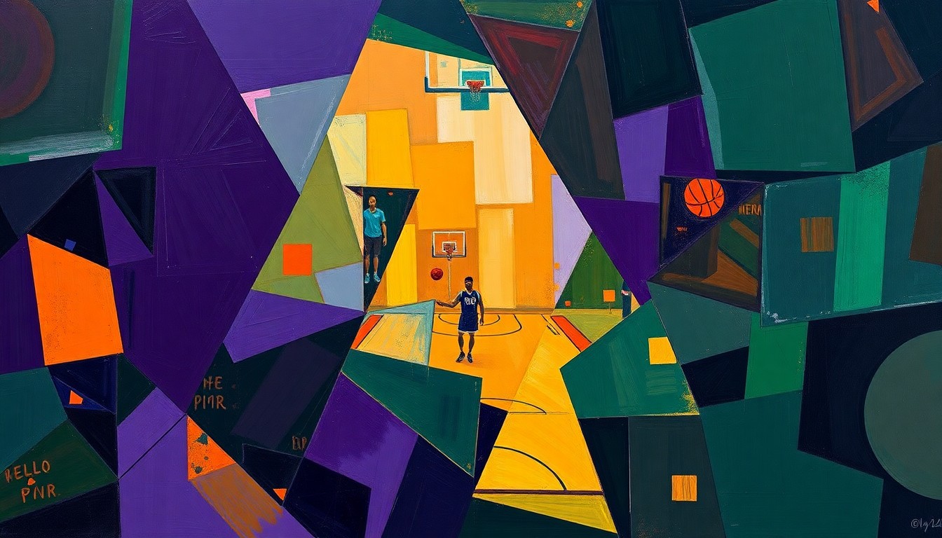 A cubist, geometric painting depicting a fragmented basketball court scene with overlapping angular shapes in deep purple, forest green, and burnt orange tones, conveying the complex challenges facing LeBron James and the Lakers.