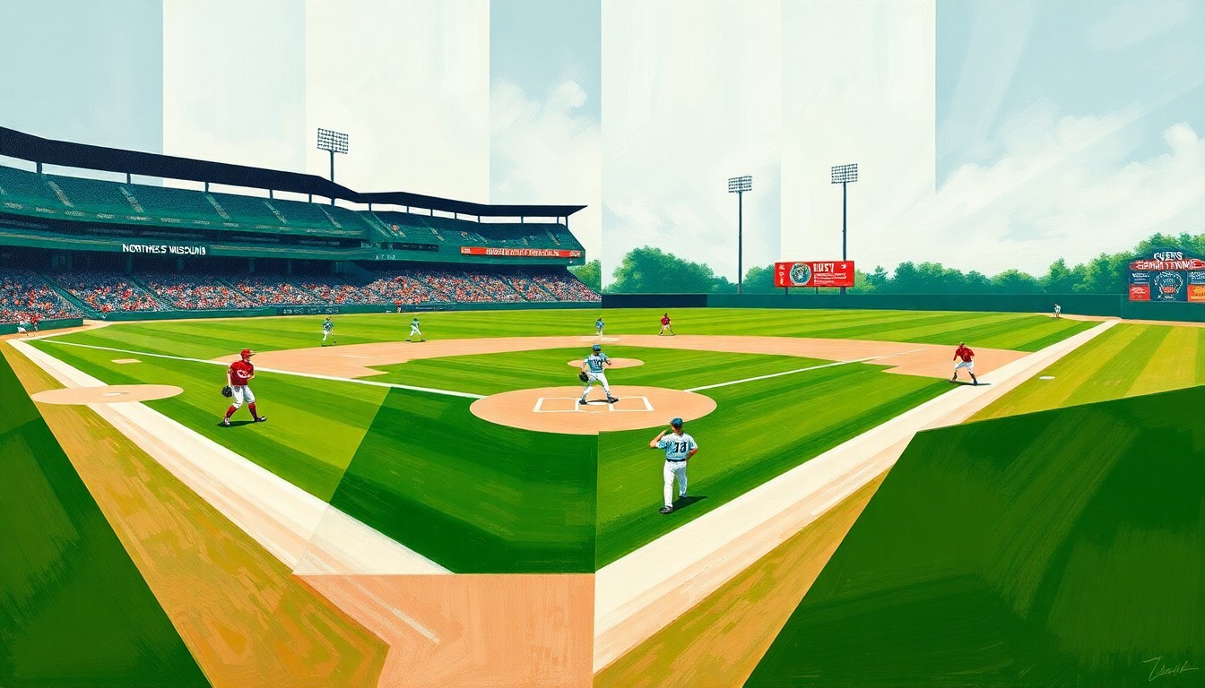A fragmented, geometric painting depicting the elements of a college baseball game - the green field, white baselines, and players' uniforms - in an abstract, cubist style.