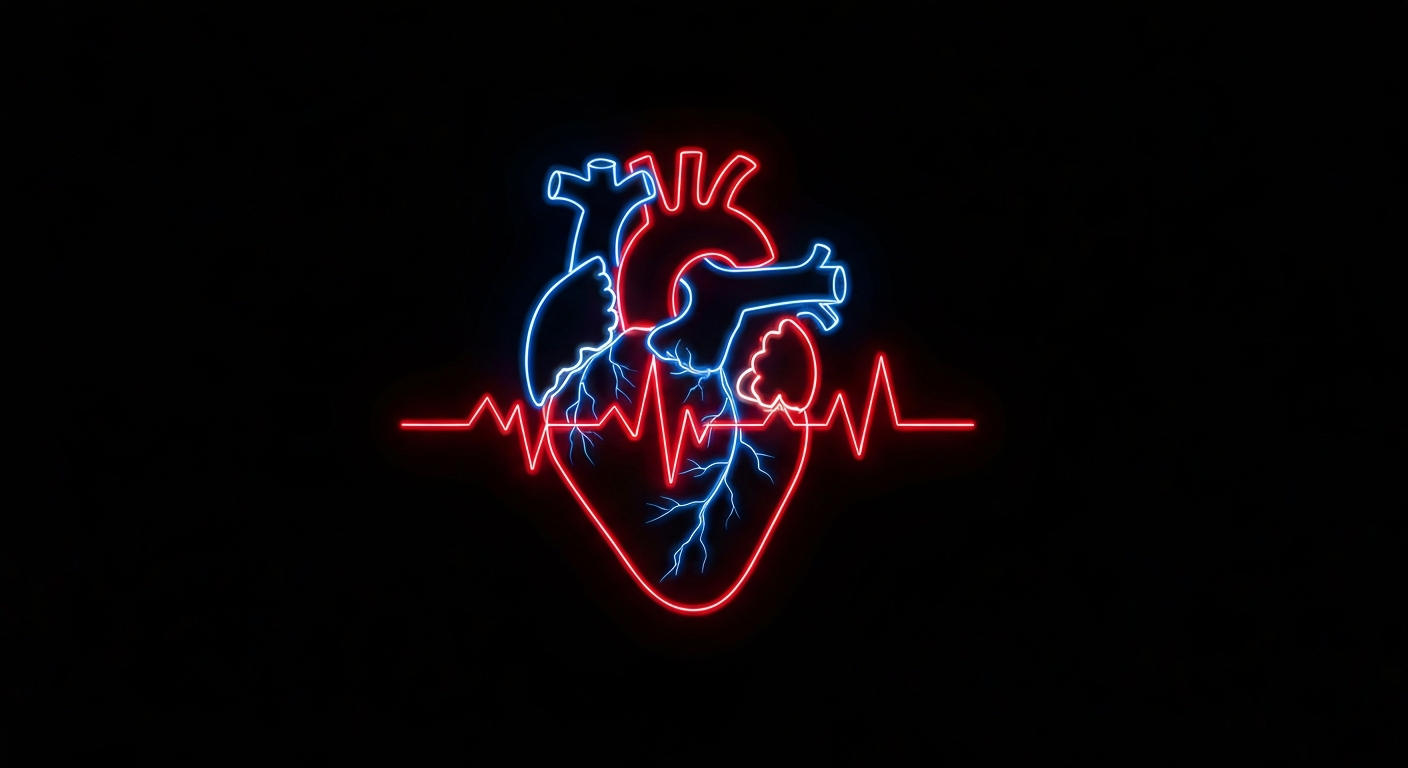 A minimalist, glowing neon outline of a heart-shaped organ, pulsing with vibrant energy and highlighting the vital role of the heart in AL Amyloidosis, a rare and devastating disease.
