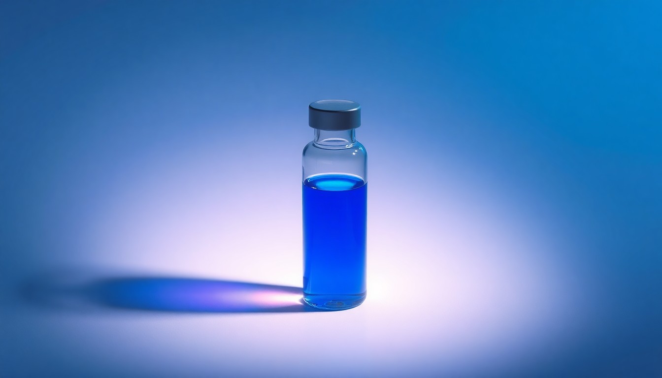 A photorealistic studio still-life image featuring a polished glass vial filled with a vibrant blue liquid, symbolizing the advanced science and innovation behind Akari's ADC platform. The vial is elegantly arranged on a clean, monochromatic background, using dramatic lighting to convey a sense of precision and sophistication.
