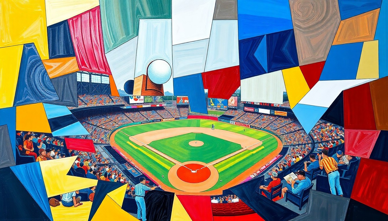 A fragmented, geometric painting in bold colors depicting various baseball actions and elements, conveying the analytical depth and visual excitement of the day's pitching duels.