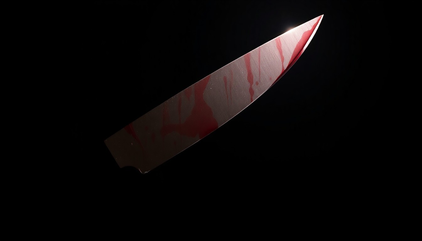 An extreme close-up photograph of a single bloody knife blade against a pitch-black background, lit by a harsh, direct camera flash, conceptually illustrating the violent incident at the Showboat property.