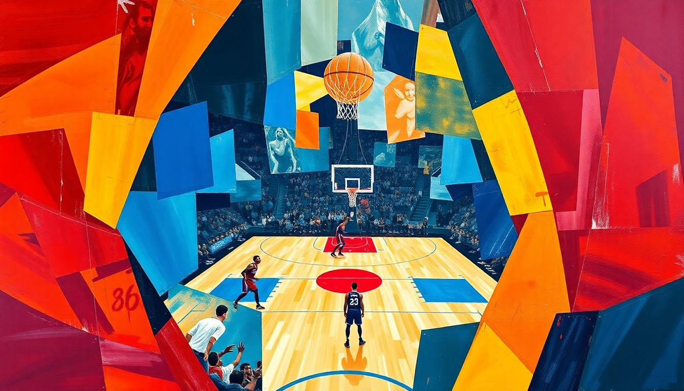 A fractured, cubist-style painting depicting the action of a basketball game, with the players and court broken down into sharp, overlapping geometric shapes in the colors of the 76ers and Rockets uniforms.