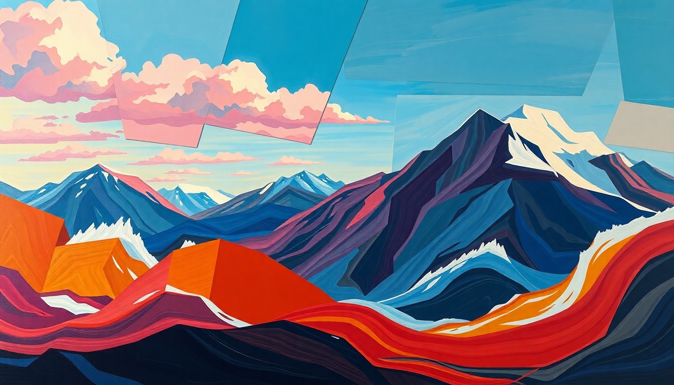 A vibrant, abstract painting featuring overlapping geometric shapes and fractured brushstrokes in shades of blue, green, and gold, conceptually representing the dynamic and competitive nature of the Alaska Senate race.