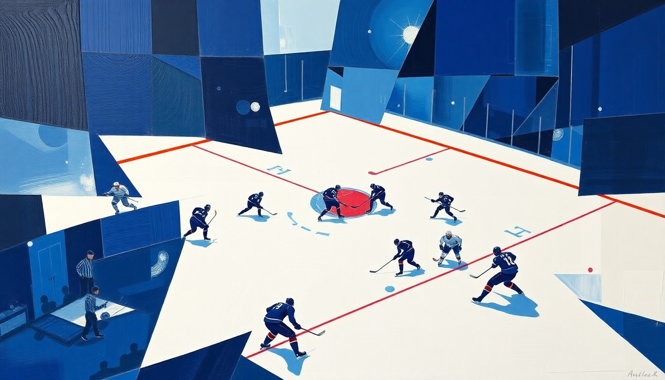 A cubist-style painting depicting a hockey game broken down into overlapping geometric shapes in shades of blue, conceptually representing the Islanders' renewed energy and focus under their new coach.