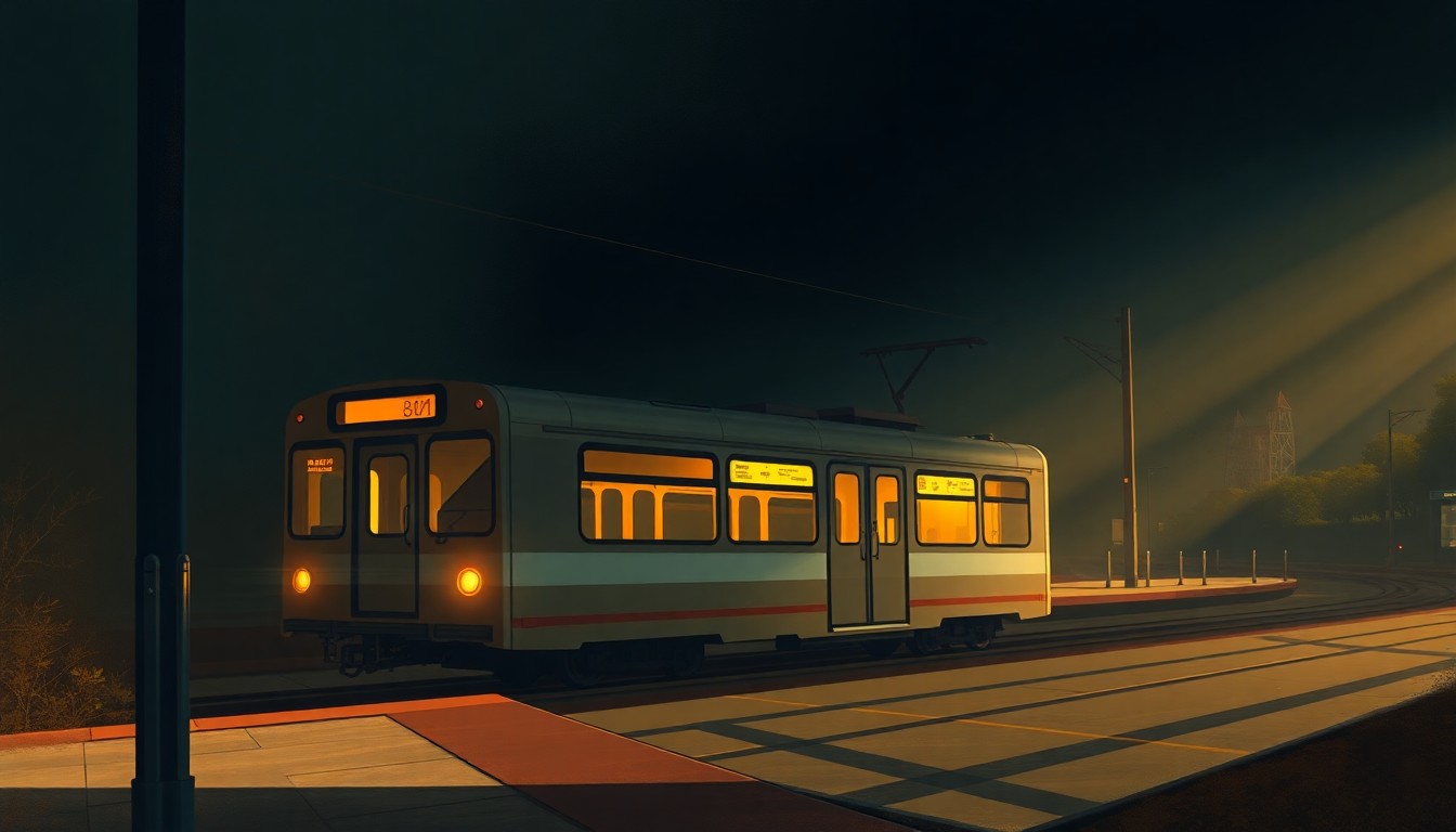A serene, cinematic painting of a light rail car stopped at a station platform, with warm sunlight and deep shadows creating a contemplative mood around the transit scene.
