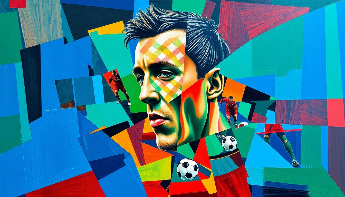 A fragmented, cubist-style painting depicting a soccer player, likely Kevin De Bruyne, in various overlapping perspectives and geometric shapes, conveying the dynamic and uncertain nature of his future career decisions.