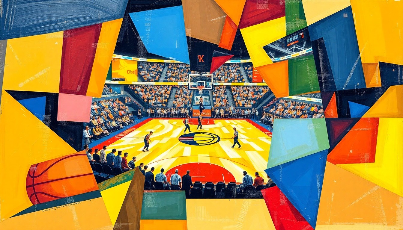 A fragmented, geometric painting in bold colors depicting a basketball player in motion, representing the journey of Gabe McGlothan from local star to NBA contract.