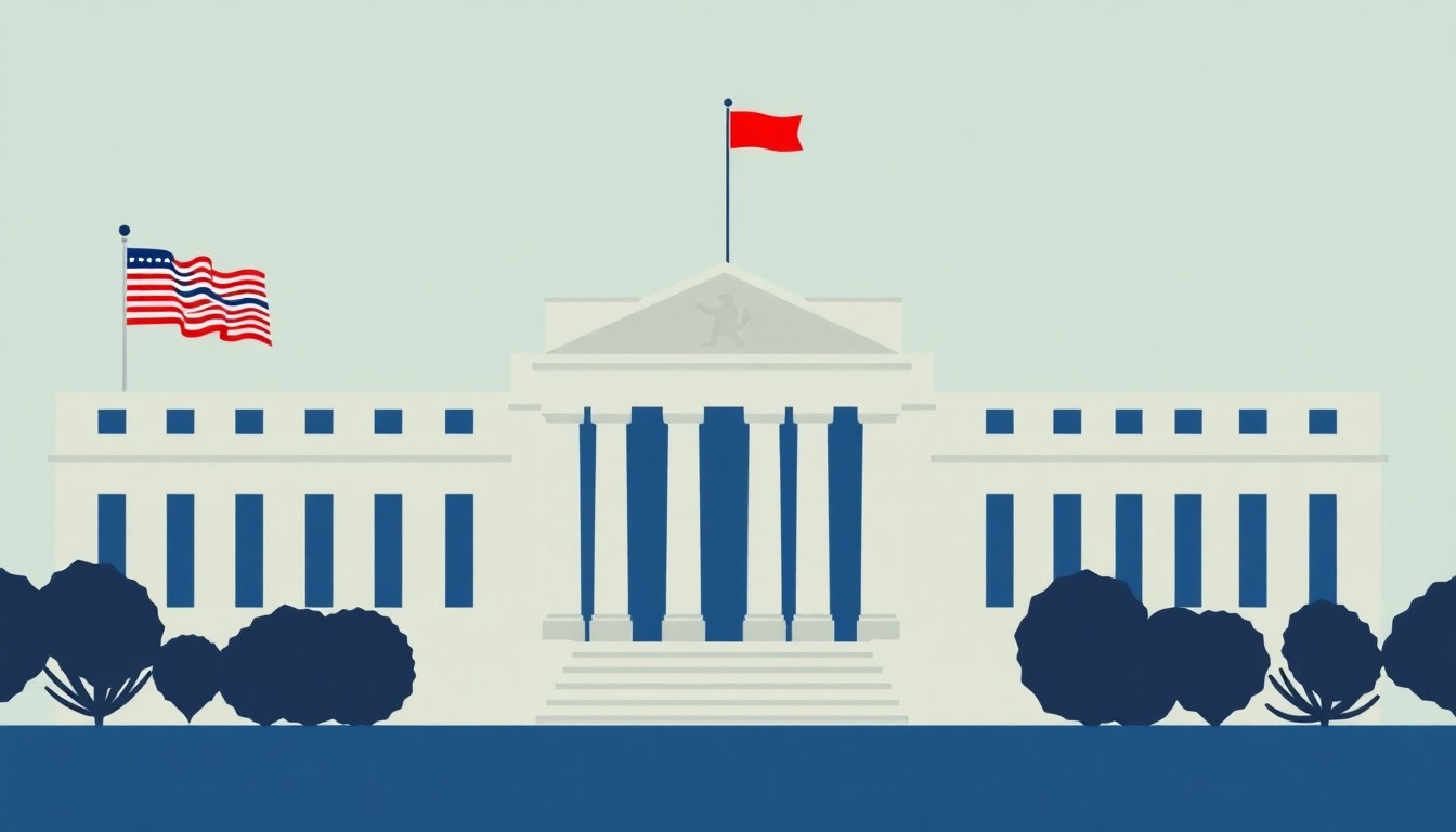 A vibrant, abstract illustration featuring overlapping geometric shapes in shades of blue, red, and yellow, conceptually representing the complex interplay of economic factors and the Federal Reserve's role in guiding the financial system.