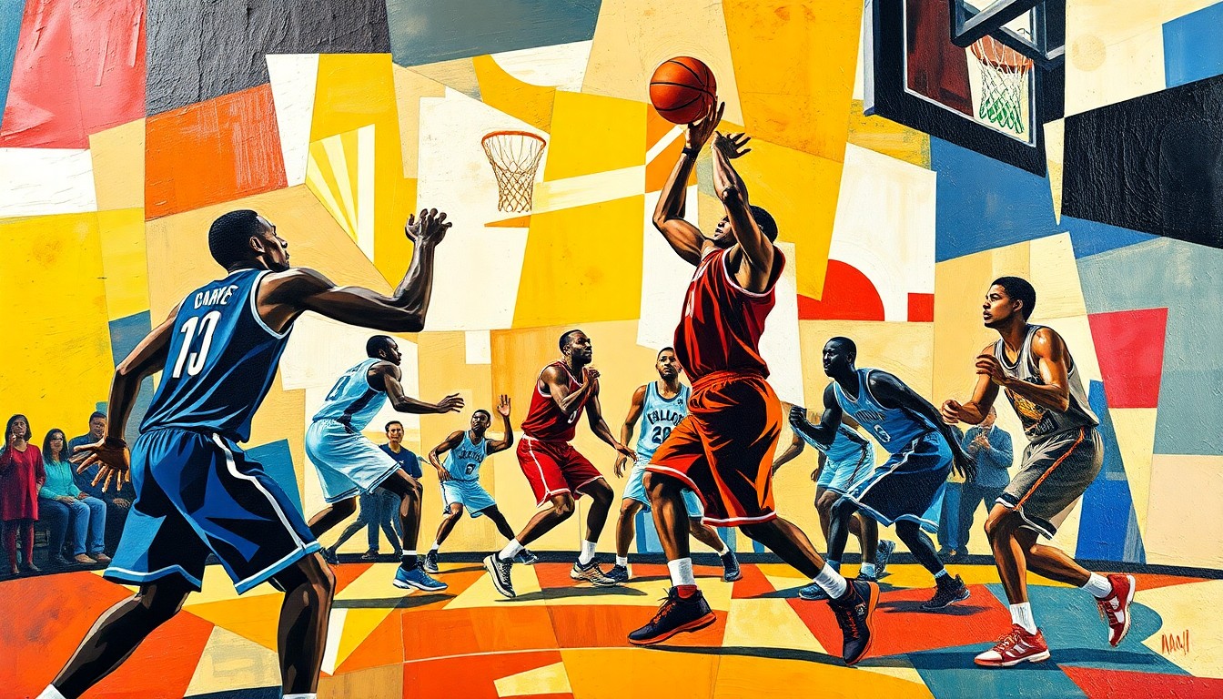 A cubist, geometric painting depicting the action and energy of a basketball game, with the players' forms broken down into sharp, overlapping planes of color and shape.