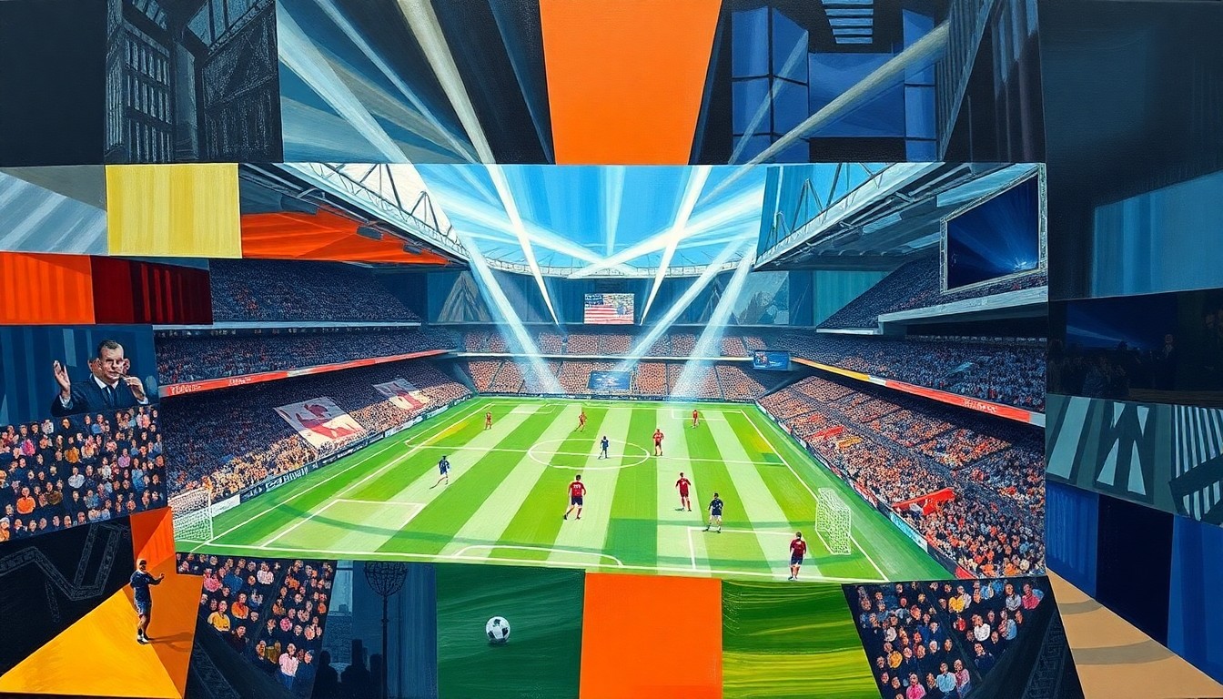 A cubist, geometric painting depicting a Premier League football match, with players and the field of play broken down into overlapping, angular shapes and planes in a vibrant color palette.