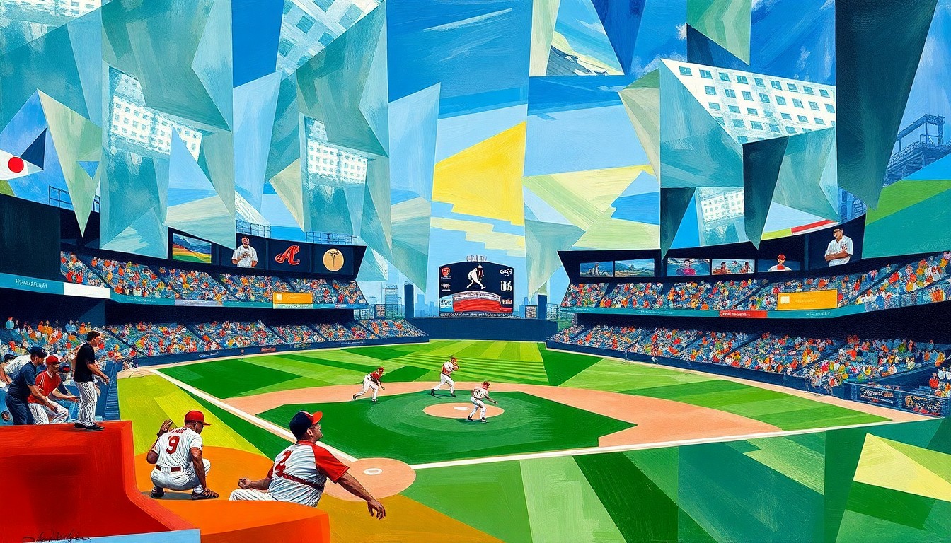 A fractured, multi-perspective painting in vibrant colors that breaks down a baseball game into sharp, overlapping geometric planes, creating a dynamic and abstract composition that captures the energy and movement of the sport.