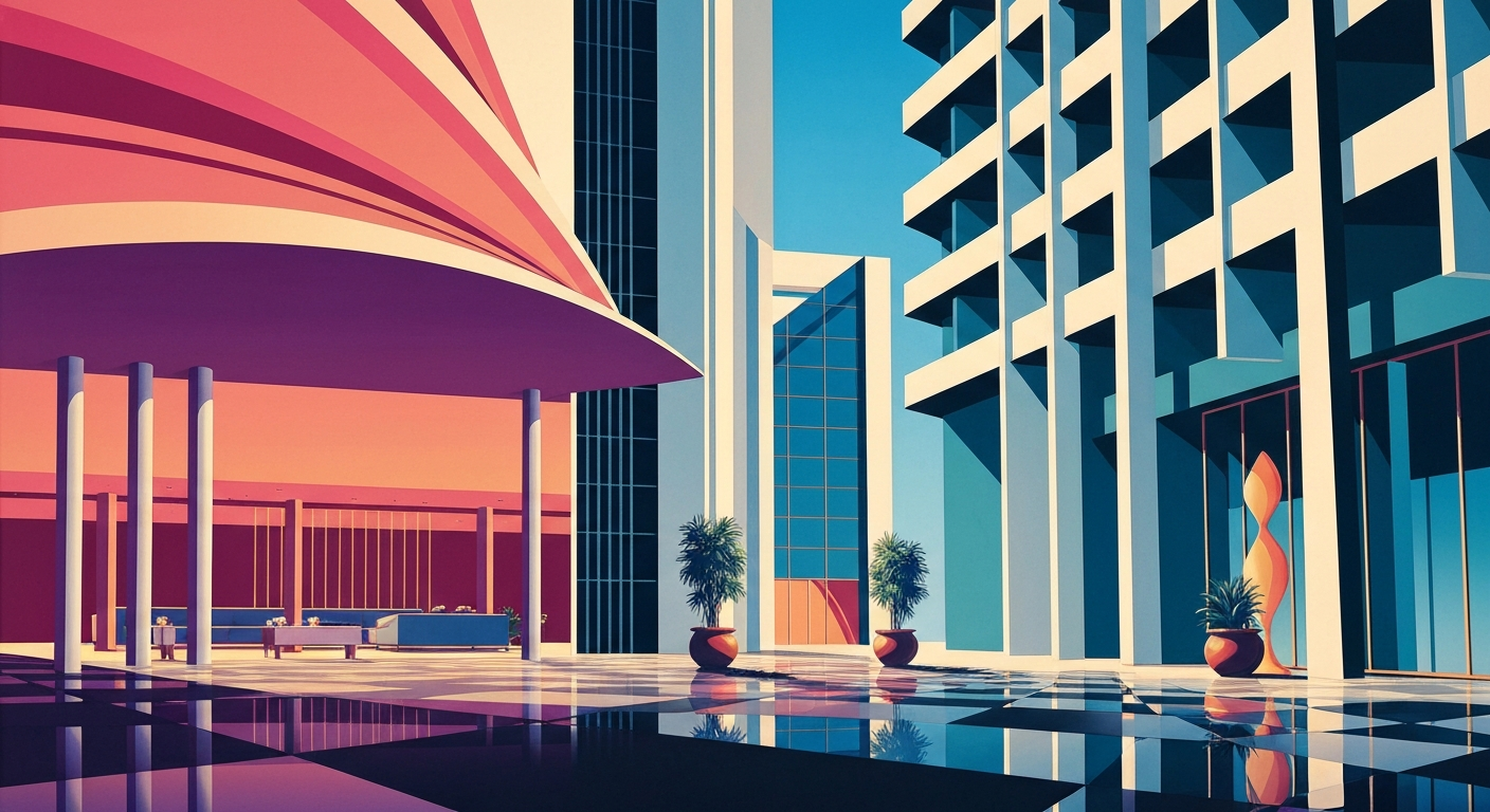 A highly stylized, geometric illustration depicting the grand, sweeping architecture of a modern hotel lobby, with smooth, airbrushed gradients in shades of blue, gray, and silver, conveying a sense of the scale and romance of the travel experience.