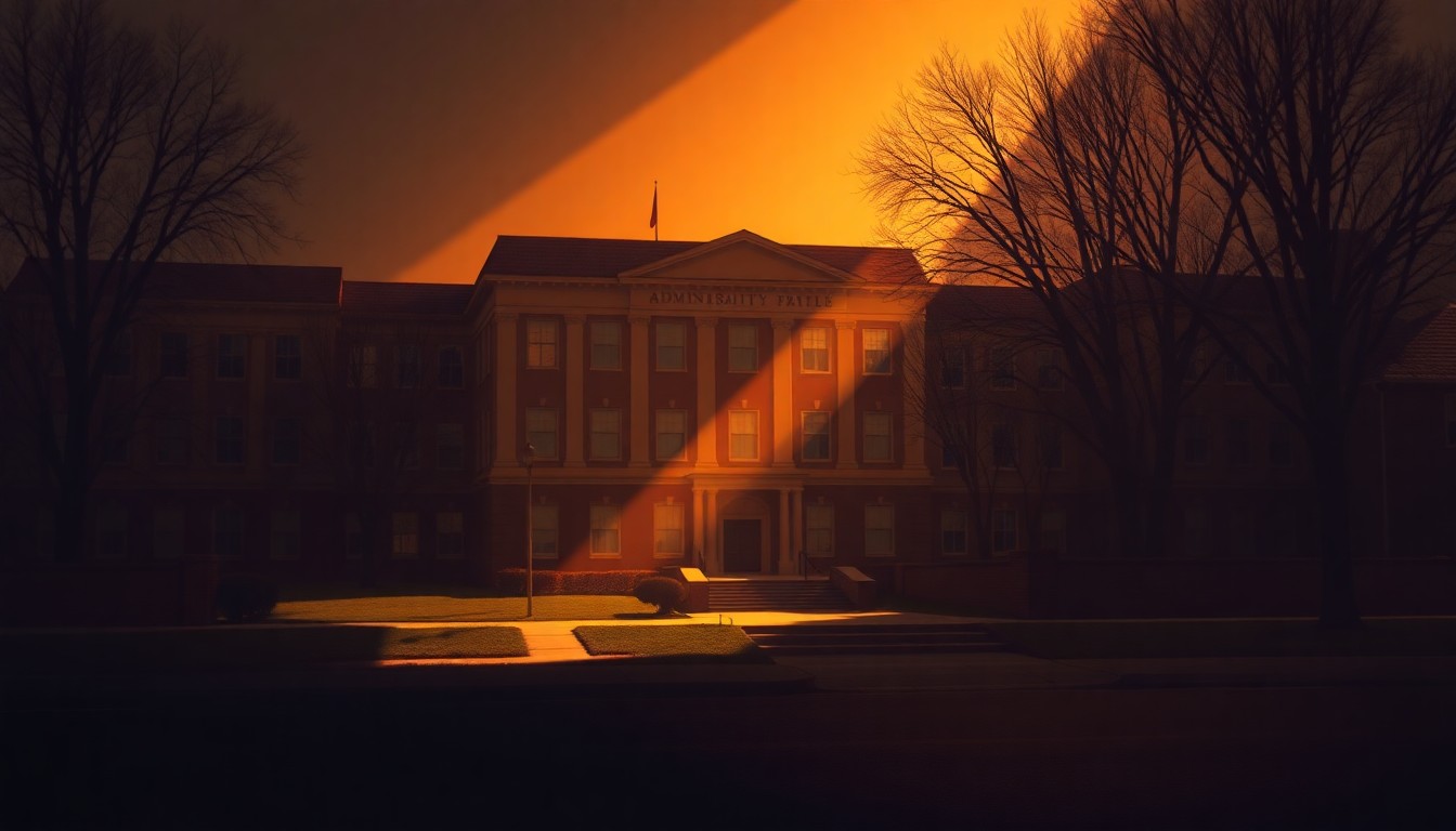A serene, nostalgic painting of a university administration building, its facade bathed in warm, golden light and deep shadows, conveying a sense of contemplation and uncertainty about the institution's future.