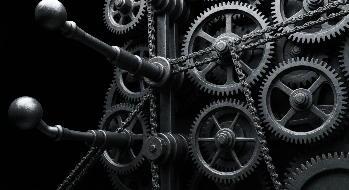 An extreme close-up of intricately detailed industrial machinery, cogs, and levers in shades of silver, black, and chrome, conceptually representing the complex financial infrastructure of a major pharmaceutical company.