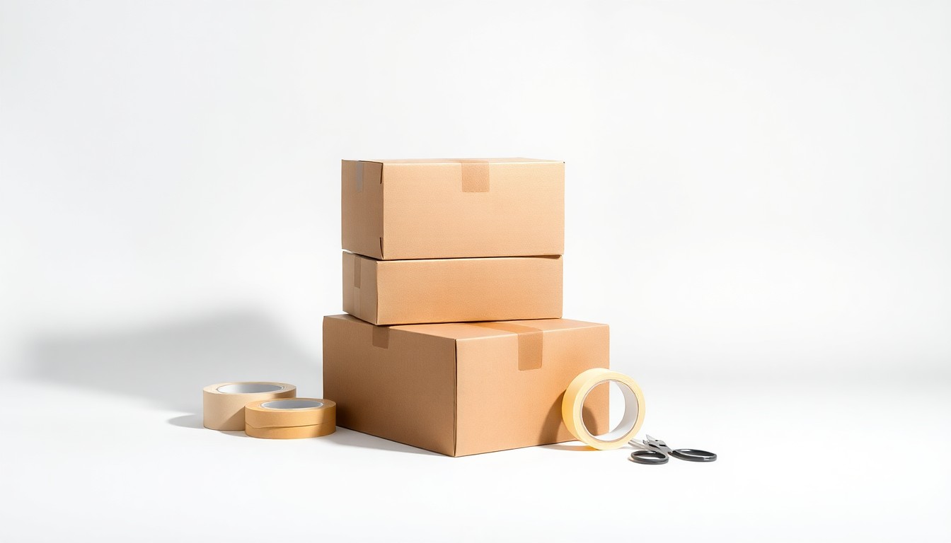 A photorealistic studio still life featuring a stack of corrugated cardboard boxes, a roll of packing tape, and a pair of scissors arranged elegantly on a clean, white background, conveying the abstract corporate strategy and logistics of the packaging industry.