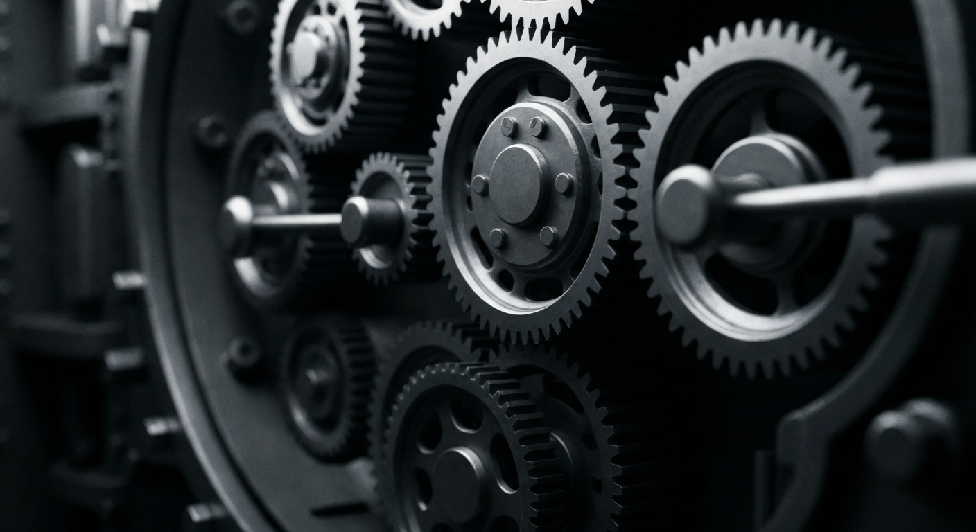 An extreme close-up of the intricate, metallic gears and mechanisms of a heavy industrial banking vault, conveying a sense of institutional power and financial security.