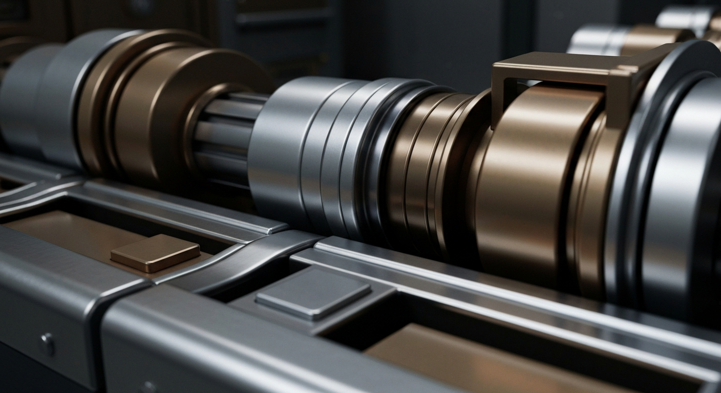 An extreme close-up of intricate, metallic banking machinery and equipment, conveying a sense of the institutional power and security of financial markets.