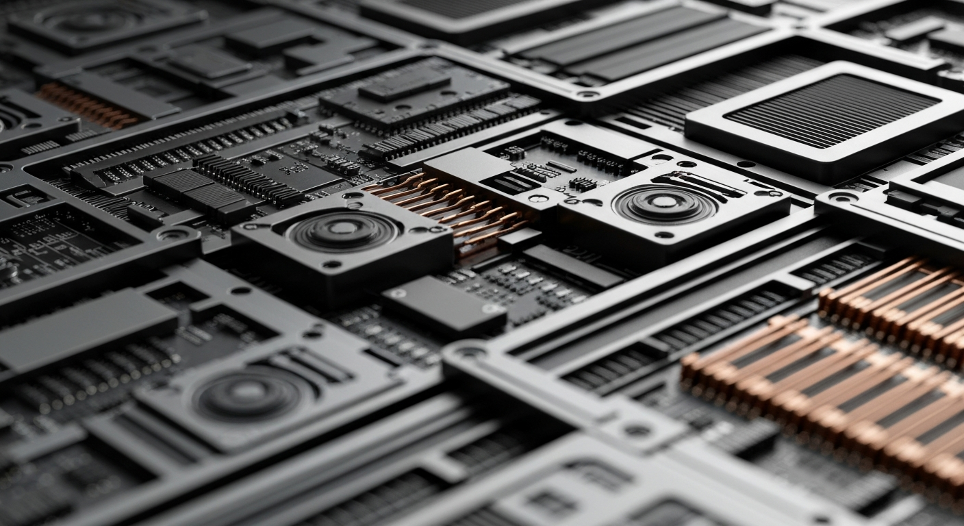 An extreme close-up of a complex array of gears, circuits, and metallic components, representing the intricate machinery behind credit scoring and financial analytics technologies.