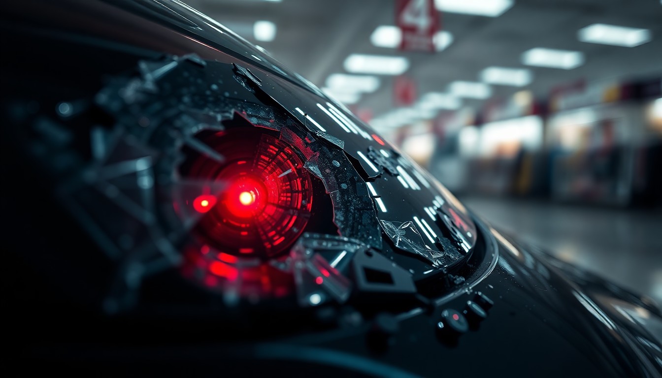 An extreme close-up of a shattered car sensor lens reflecting a faint red light, conceptually illustrating the aftermath of a disturbance in a retail setting.