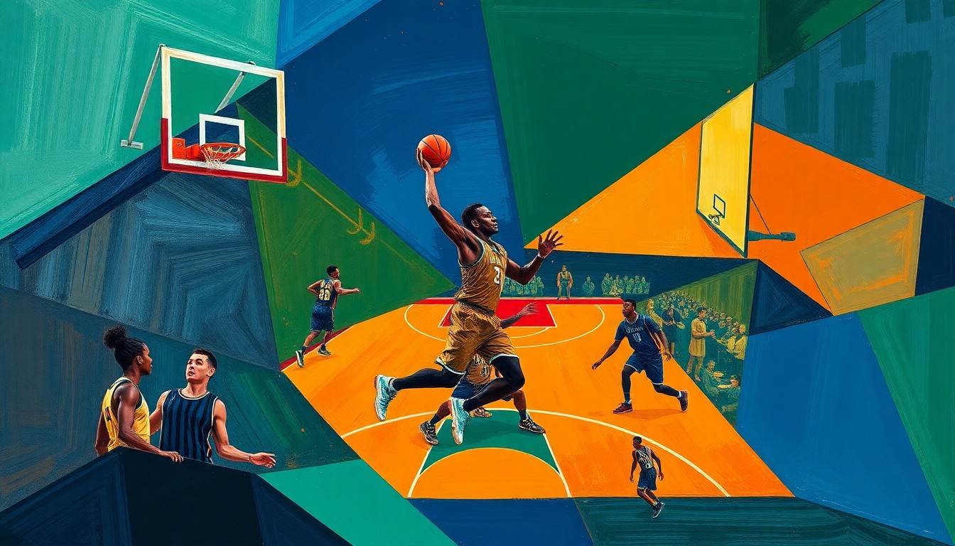A cubist-style painting depicting a basketball game in a fractured, geometric style, with sharp, overlapping planes of color representing the dynamic movements and energy of the sport.