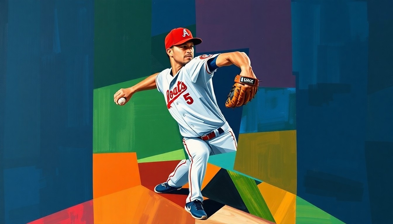 A fragmented, geometric painting depicting a baseball pitcher's windup and delivery, with sharp planes of color and overlapping perspectives conveying the dynamic motion of the sport.