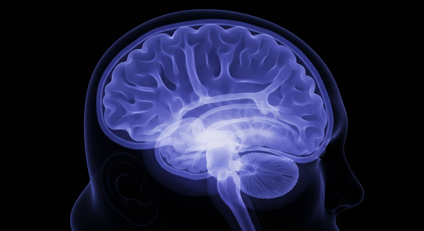 A highly detailed, translucent X-ray photograph of a human brain, with its intricate structures and pathways visible in shades of blue and violet against a dark background, conveying the complexity of rare neurological conditions.