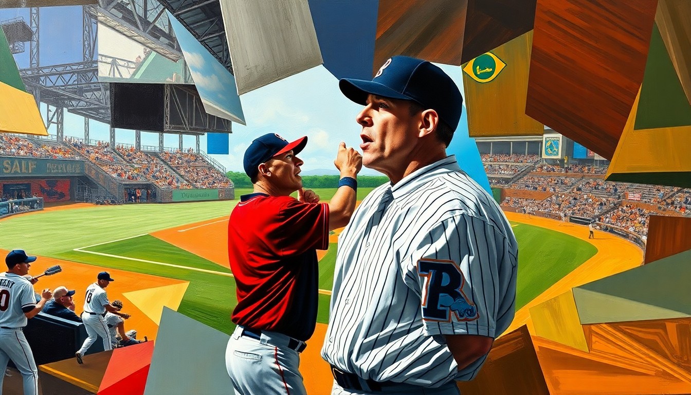 A cubist-style painting depicting a baseball umpire making a call, with the scene broken down into sharp, overlapping geometric shapes in a vibrant color palette, conceptually representing the fractured nature of controversial officiating decisions.