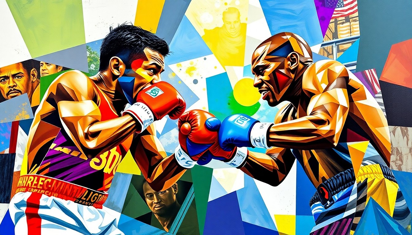 A fractured, multi-perspective painting in the style of Pablo Picasso, breaking down a boxing match between two figures into sharp, overlapping geometric planes of color, capturing the intensity and movement of the fight.