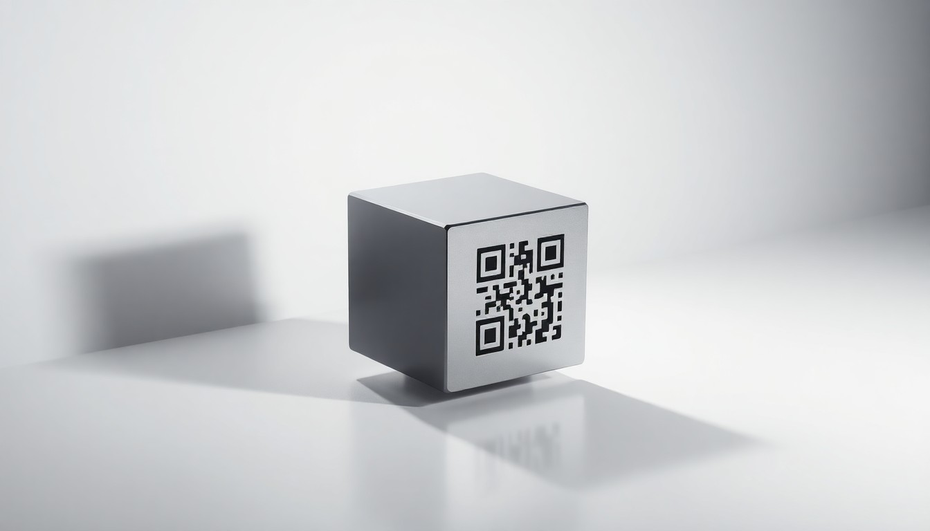 A highly polished, geometric metal cube with a QR code engraved on one face, floating on a clean white background and dramatically lit from the side to create deep shadows, symbolizing the importance of secure digital product identities.