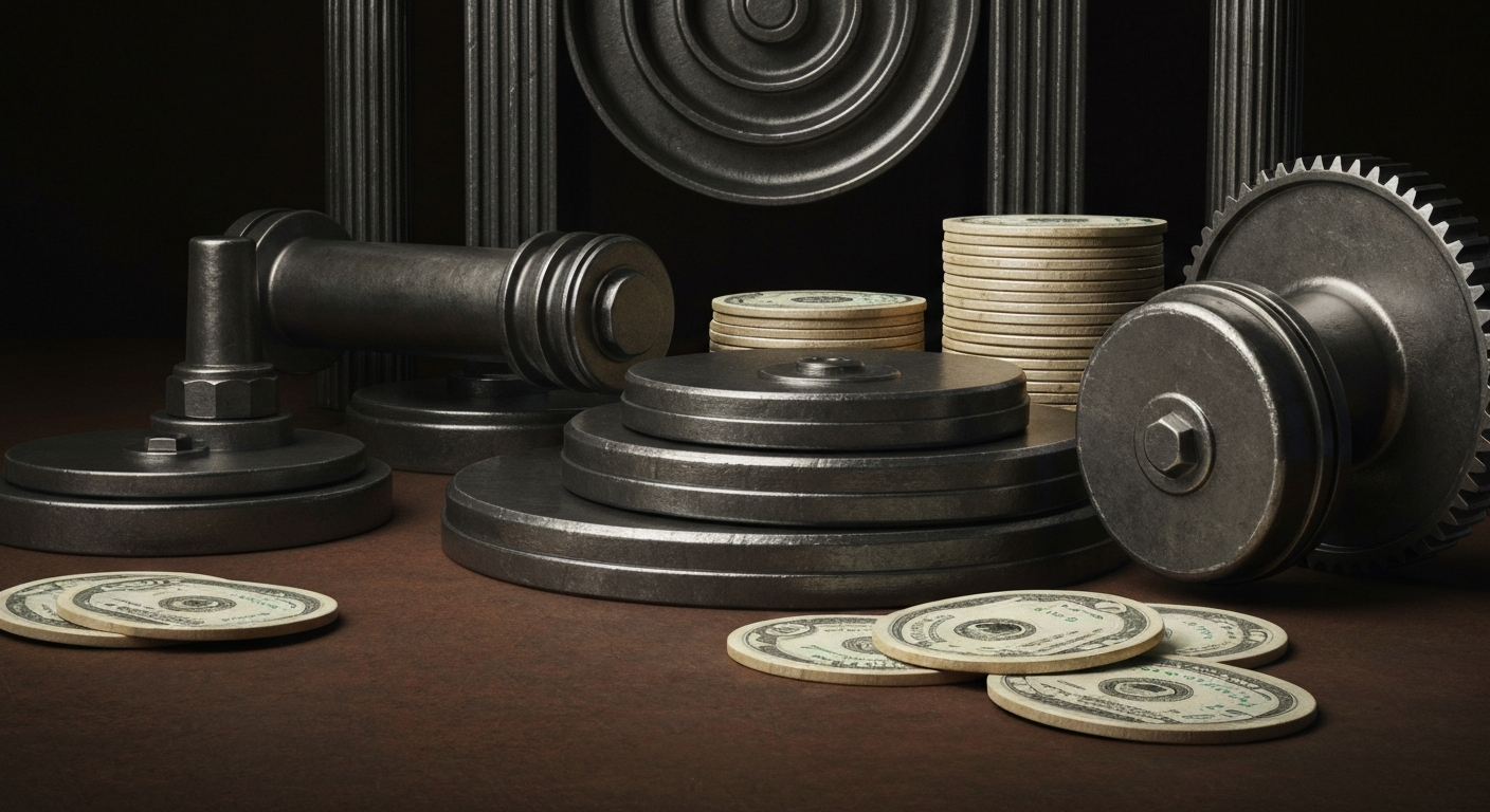 An extreme close-up of intricate, industrial-looking banking machinery and equipment, conveying the heavy, physical nature of modern financial systems and data center technologies.