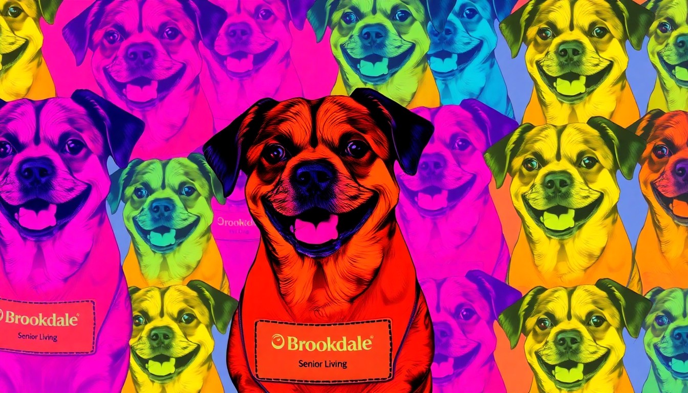 A brightly colored, high-contrast silkscreen print of a smiling dog in a Brookdale Senior Living employee vest, repeated in a tight grid pattern, conceptually representing the benefits of pets in the senior living workplace.