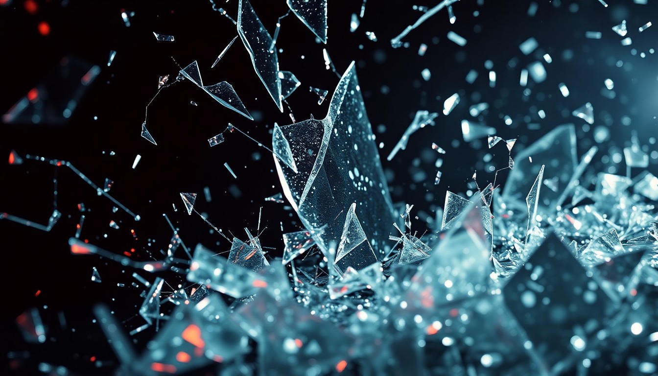 An extreme close-up photograph of shattered glass and glittering shards in dramatic high-contrast studio lighting, conveying the dark, violent tone of the Punisher character.