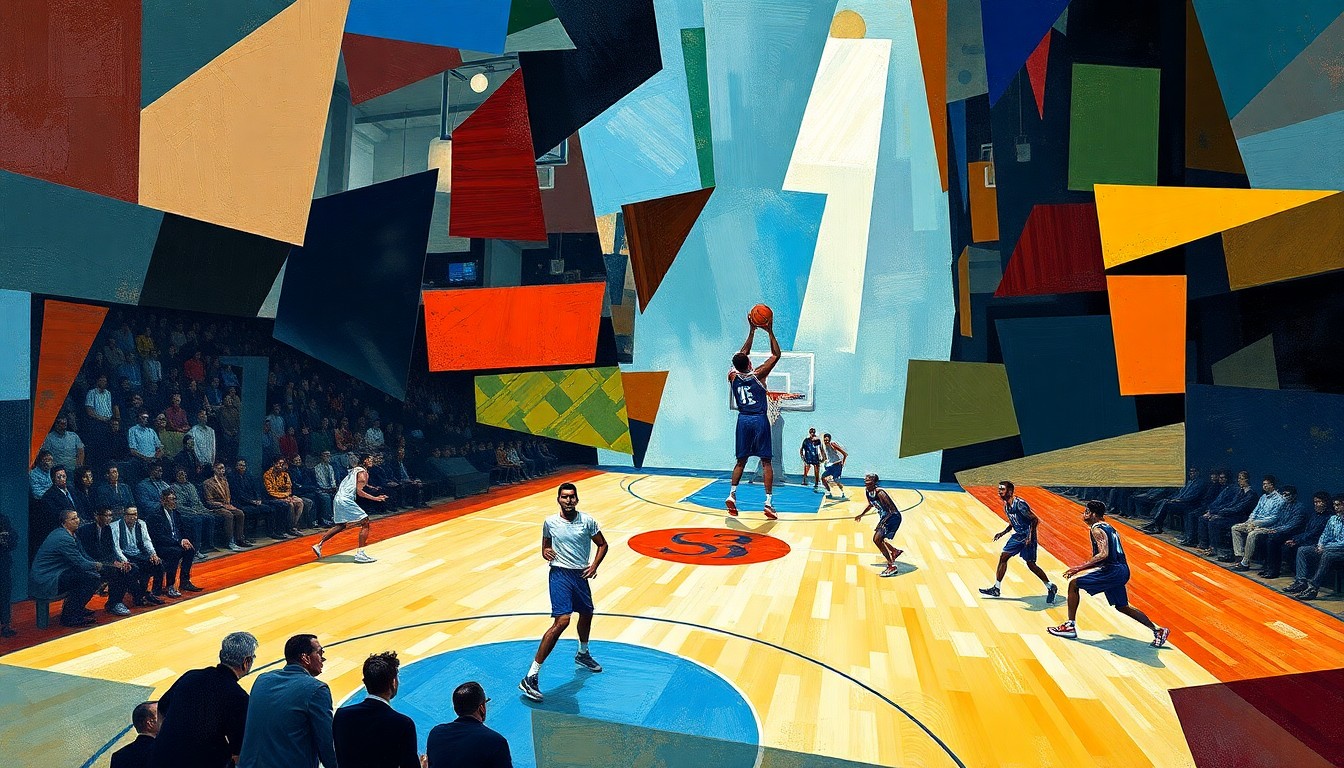 A fractured, multi-perspective painting in a cubist style, breaking down a basketball game into sharp, overlapping geometric planes of color and shape, with a sense of motion and energy but no recognizable players or court.