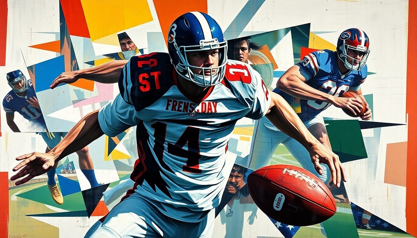 A fragmented, geometric painting depicting the dynamic movements of a football player, with sharp planes and angles representing the sport's energy and action.