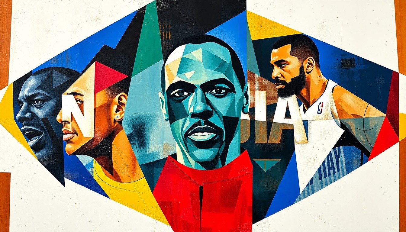 A cubist, geometric painting depicting the NBA All-Star Game, with players represented as abstract shapes and forms in a fractured, multi-perspective composition.