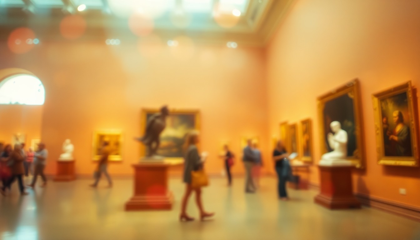 An extremely blurred and abstracted scene of various artistic objects and architectural elements, rendered in soft, warm hues and pools of light, conceptually representing the immersive and contemplative experience of visiting an art museum.