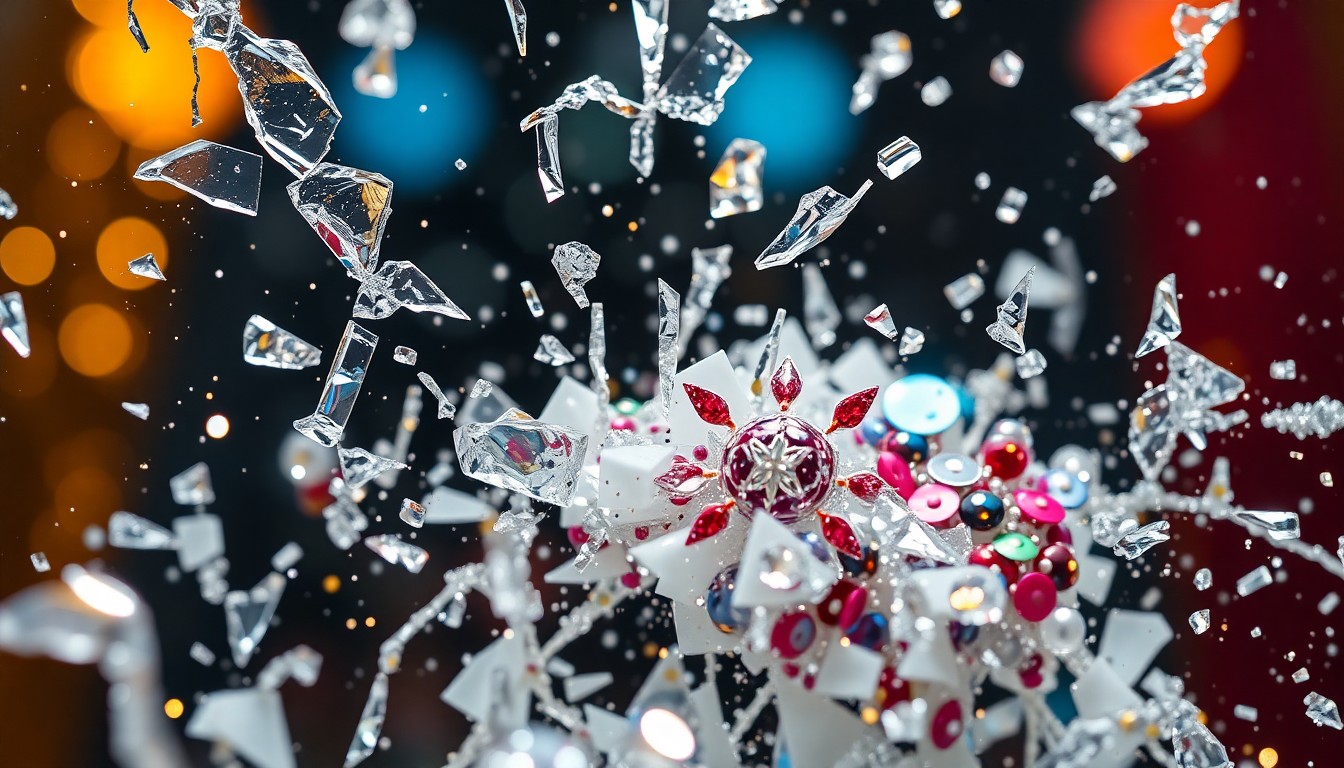 An abstract close-up photograph featuring shattered glass and glittering sequins, conveying the glamour and high-stakes drama of a celebrity cage match between political figures.