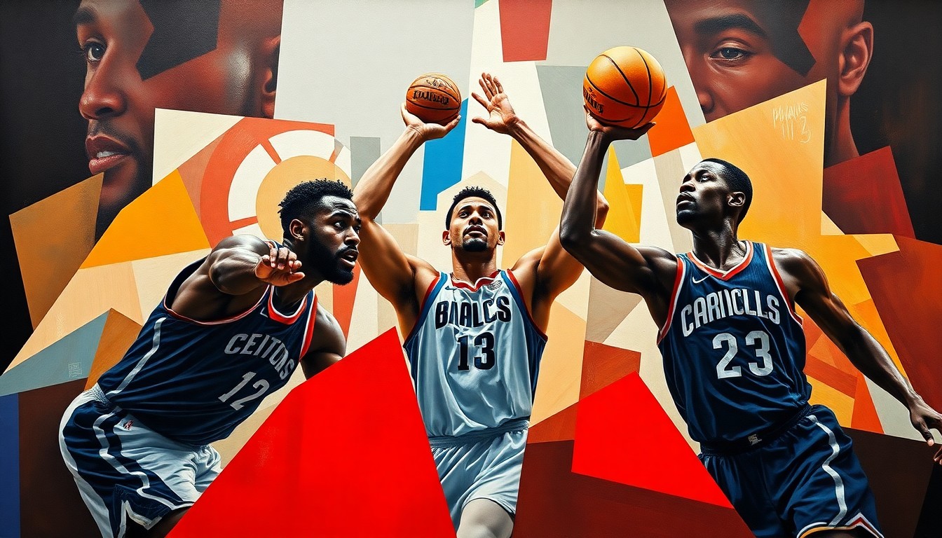A cubist, geometric painting depicting the intense movements and competition of three NBA players - Shai Gilgeous-Alexander, Nikola Jokic, and Victor Wembanyama - as they vie for the 2026 MVP award, their figures fractured and overlapping in a dynamic, abstract composition.