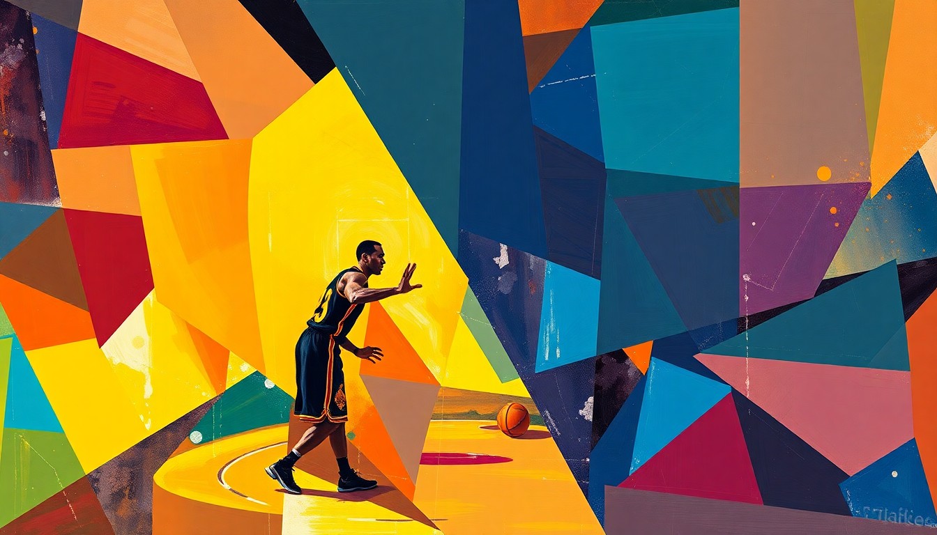 A fractured, cubist-style painting depicting a basketball game or match, with sharp, overlapping geometric planes in the official team colors of the Cleveland Cavaliers and Los Angeles Lakers, conceptually representing the emotional journey of LeBron James' career and his battle against the inevitable passage of time.
