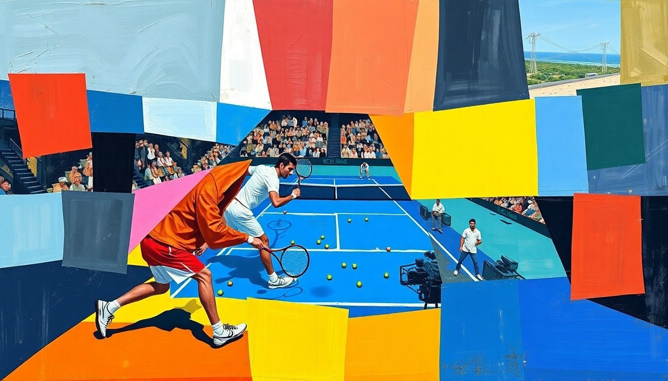 A cubist-style painting featuring fragmented, overlapping geometric shapes in shades of blue, green, and red, representing the dynamic and intense tennis match between Novak Djokovic and Kamil Majchrzak.