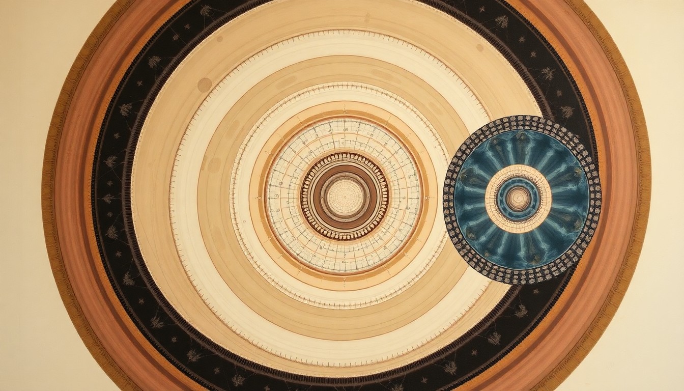 A bold, abstract painting in earthy tones featuring sweeping geometric arcs, concentric circles, and precise spirals, conceptually representing the complex and evolving understanding of cephalopod evolutionary history.