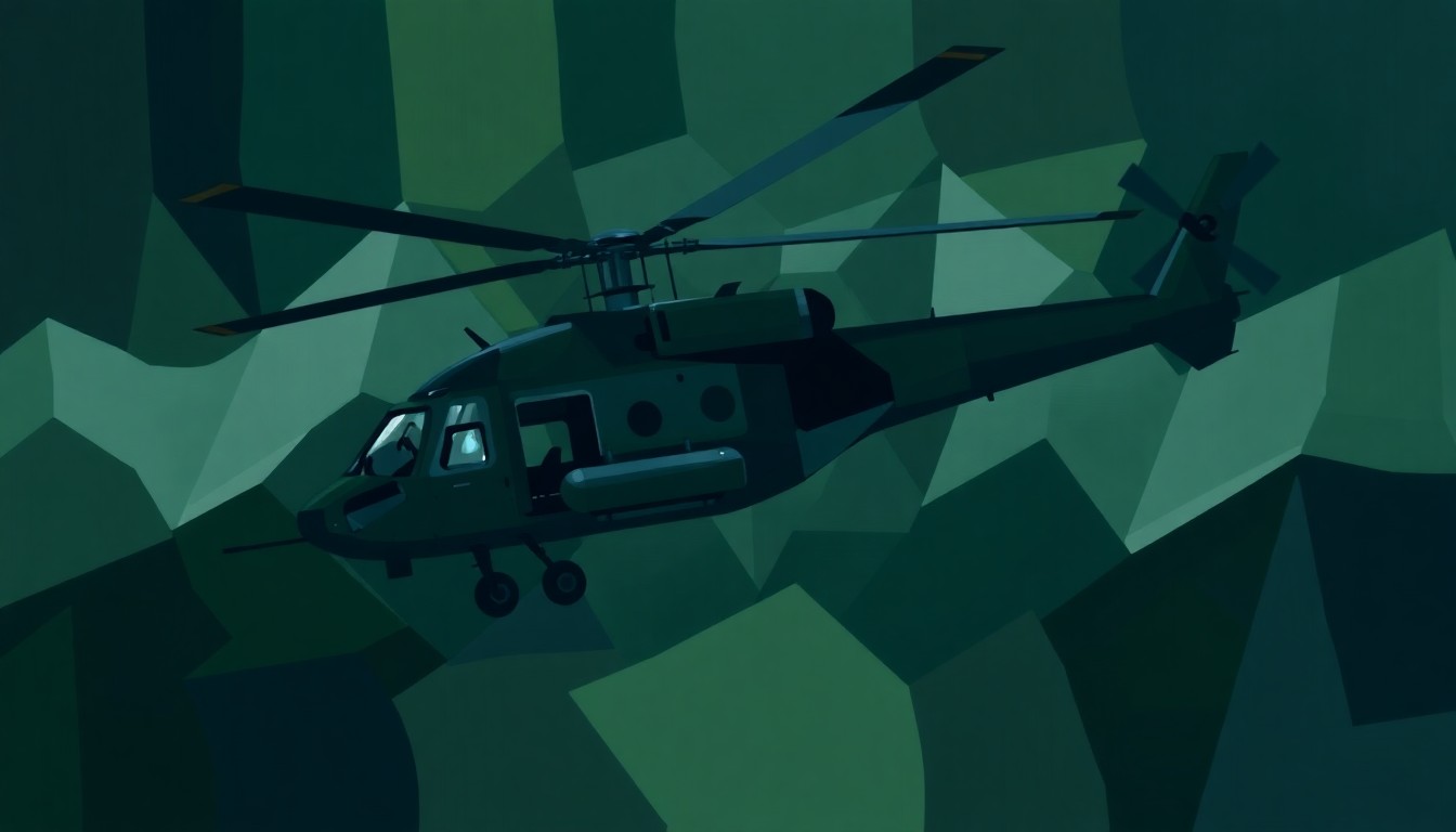 A dynamic, abstract painting of a military helicopter in flight, with the aircraft's form fractured and repeated in overlapping geometric shapes in shades of green, blue, and gray, conveying a sense of motion and tension.