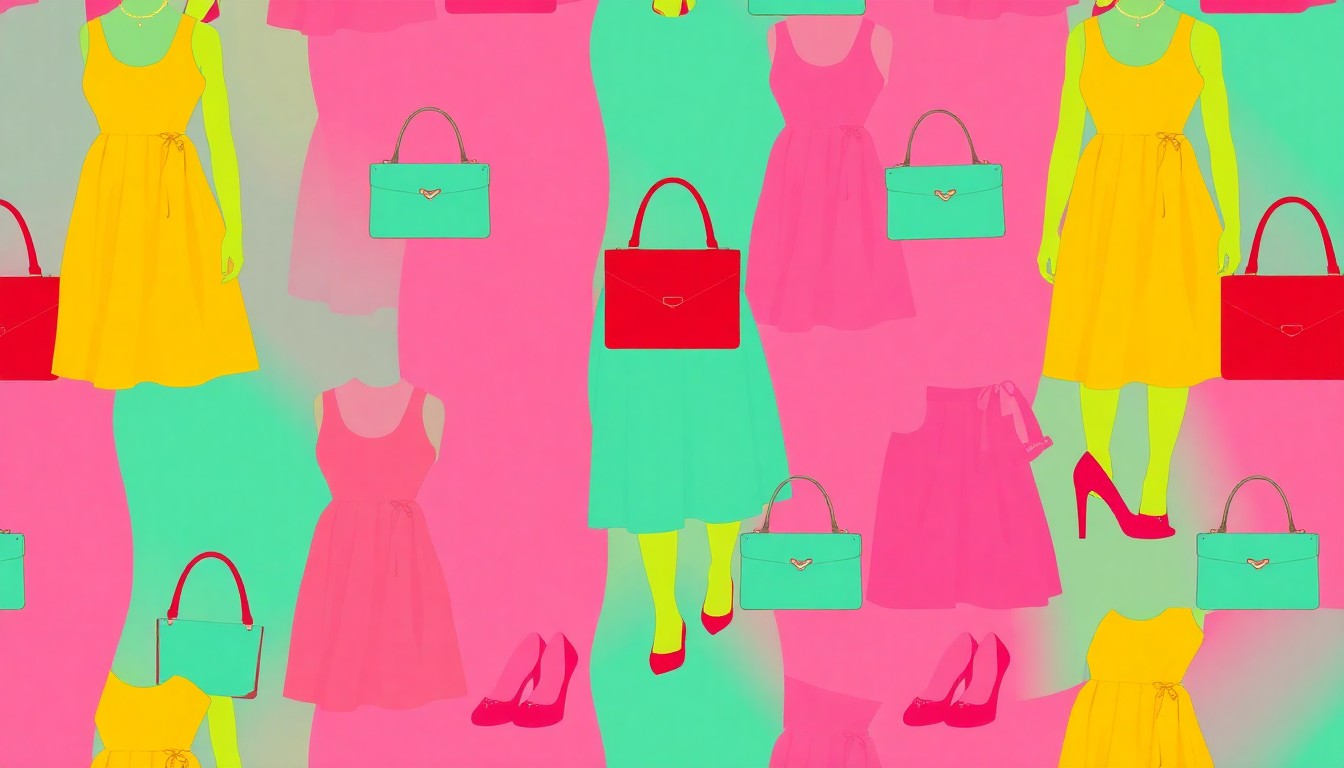 A high-contrast silkscreen print of a colorful dress or accessory repeated in a grid pattern, using a neon color palette and heavy black outlines to transform everyday fashion into modern pop art.