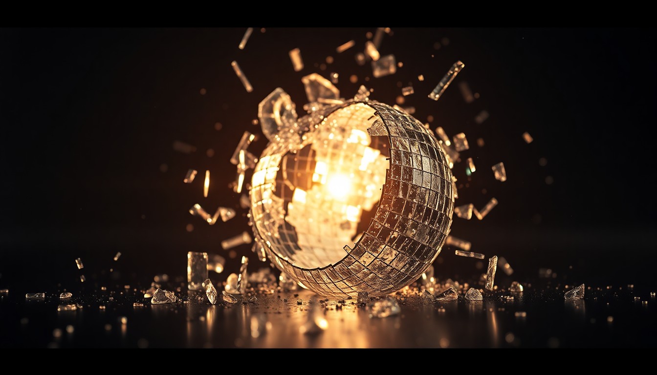 An extreme close-up of shattered glass reflecting a faint red light, conceptually illustrating the fragility and glitz of celebrity culture.