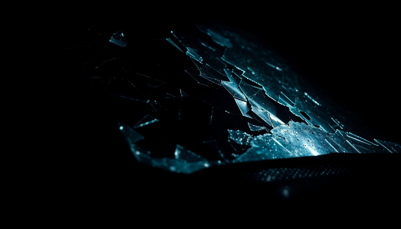 An extreme close-up photograph of a shattered car windshield or other damaged vehicle part, lit by a harsh, direct camera flash against a pitch-black background, conveying the gritty, investigative nature of the incident.