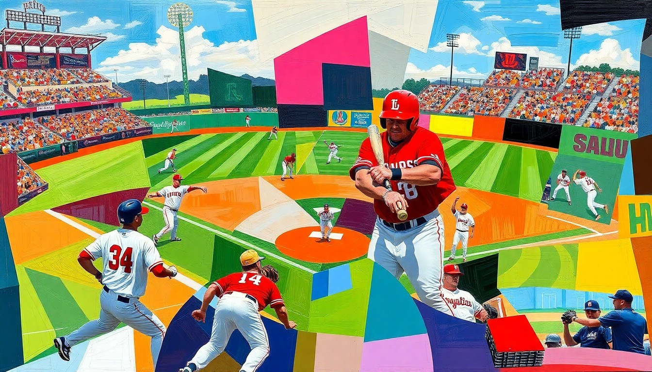 A cubist-style painting featuring sharp, overlapping geometric shapes in the team colors of Florida State and Georgia Tech, dynamically representing the final plays of their close baseball game.