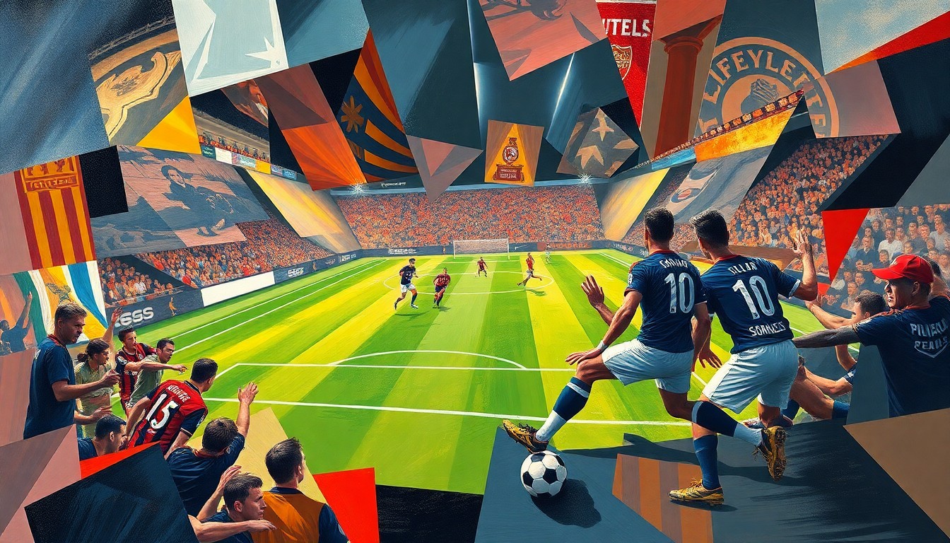 A cubist, geometric painting depicting a soccer match, with overlapping planes of color and shape representing the action on the field.
