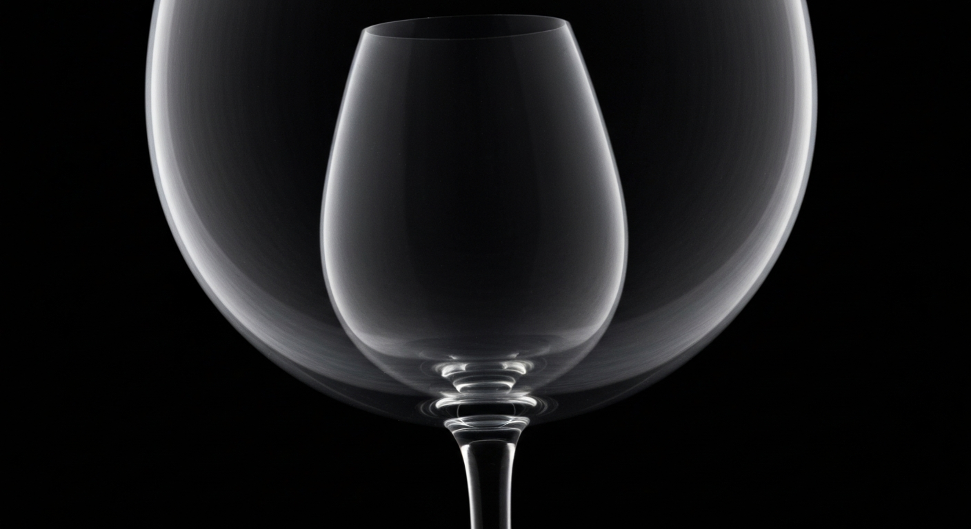 An extreme close-up X-ray photograph of a delicate wine glass, its fragile structure revealed in ghostly lines against a dark background, conceptually representing the hidden health risks of daily alcohol consumption.