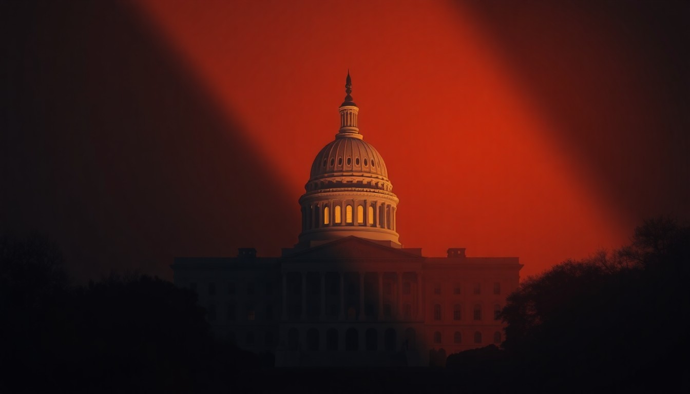 A photorealistic painting of the U.S. Capitol building in warm, golden sunlight, with deep shadows across the facade, conveying a sense of political tension and division.